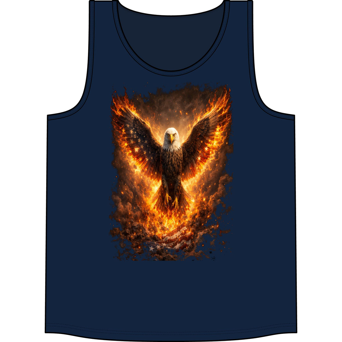 Fiery Eagle Tank Top — Phoenix-Style Bald Eagle Flame Graphic Concert Tank