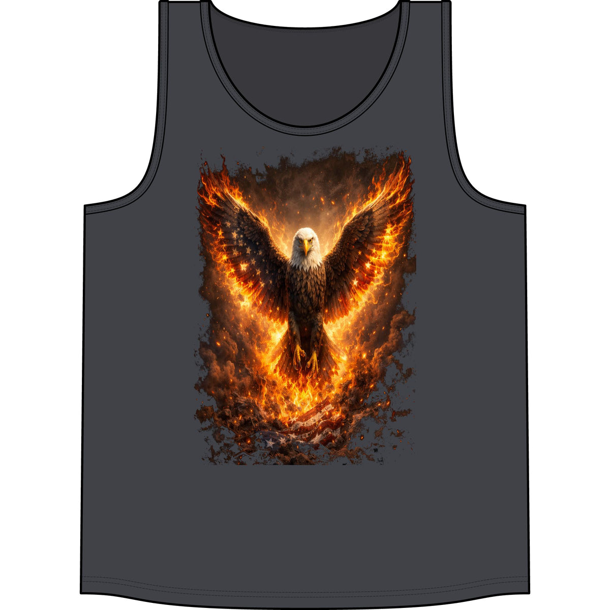 Fiery Eagle Tank Top — Phoenix-Style Bald Eagle Flame Graphic Concert Tank
