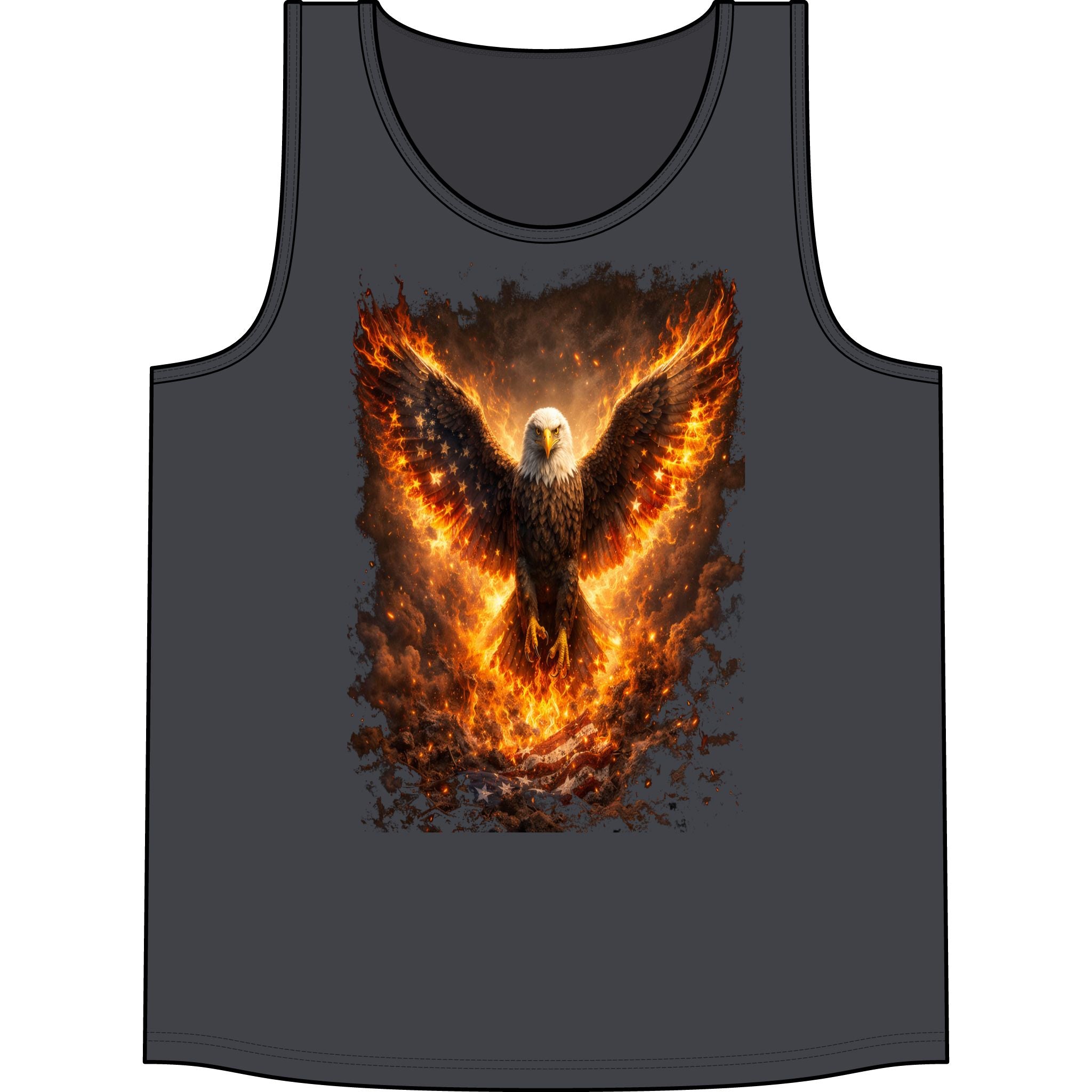 Fiery Eagle Tank Top — Phoenix-Style Bald Eagle Flame Graphic Concert Tank