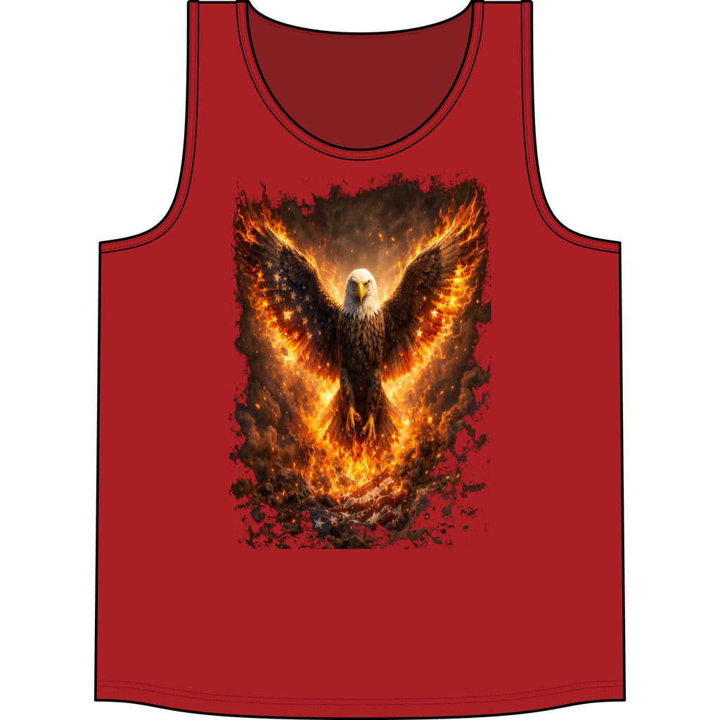 Fiery Eagle Tank Top — Phoenix-Style Bald Eagle Flame Graphic Concert Tank