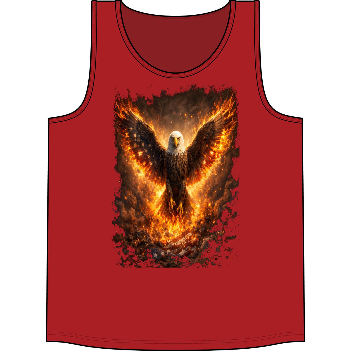 Fiery Eagle Tank Top — Phoenix-Style Bald Eagle Flame Graphic Concert Tank