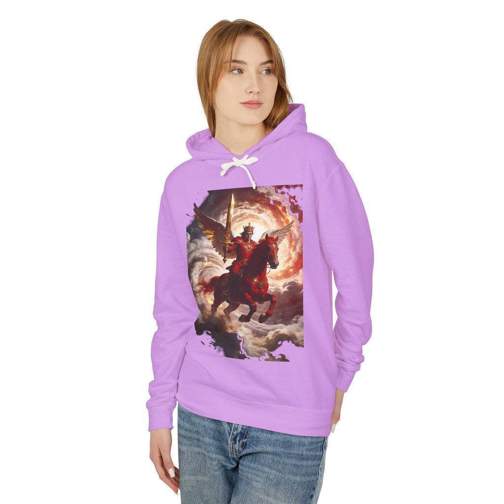 The red horse from Revelation 6:3-4-Angel Knight Hoodie — Celestial Warrior Horse Graphic Sweatshirt