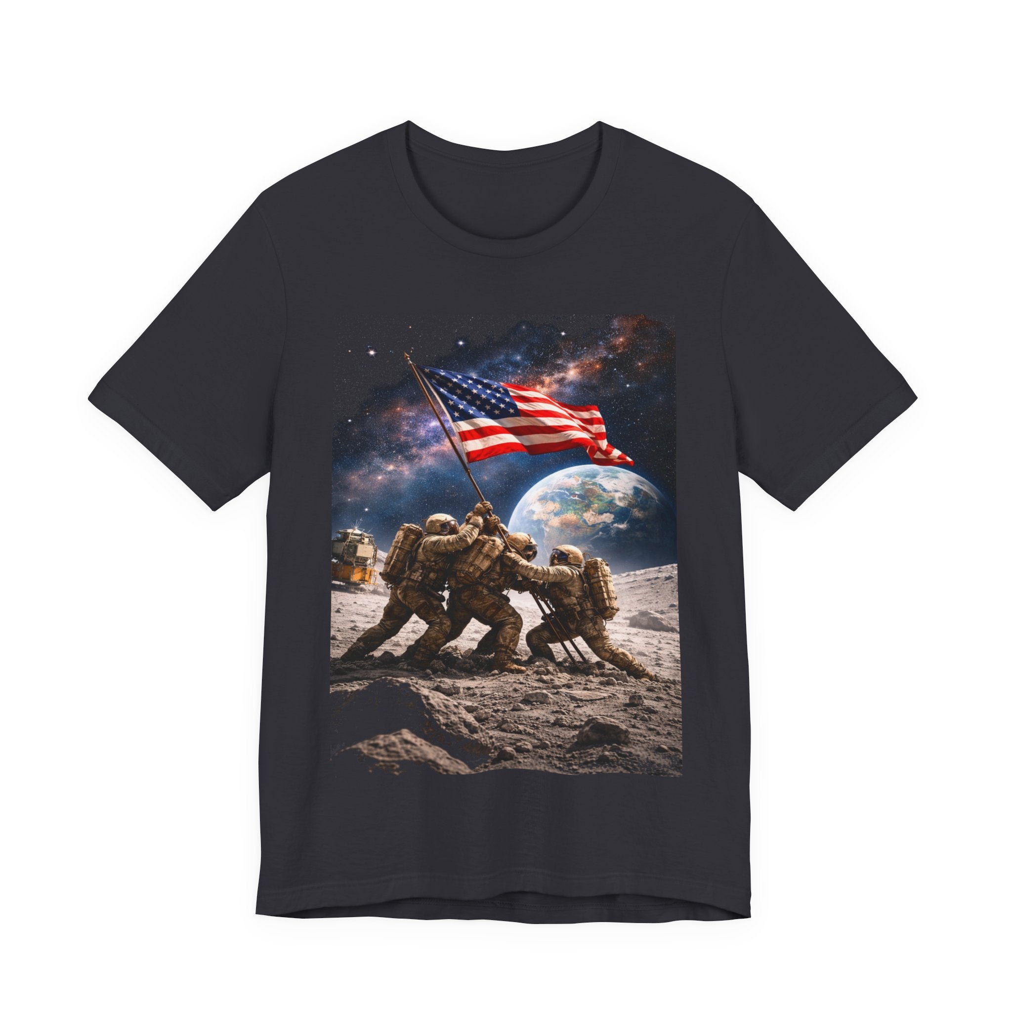 Patriotic Moon Landing Tee — Soldiers Raising American Flag Graphic T-Shirt