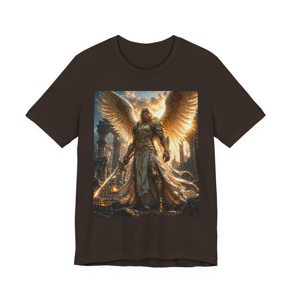 Angel Warrior Graphic Tee — Golden Archangel Battle Scene T-Shirt