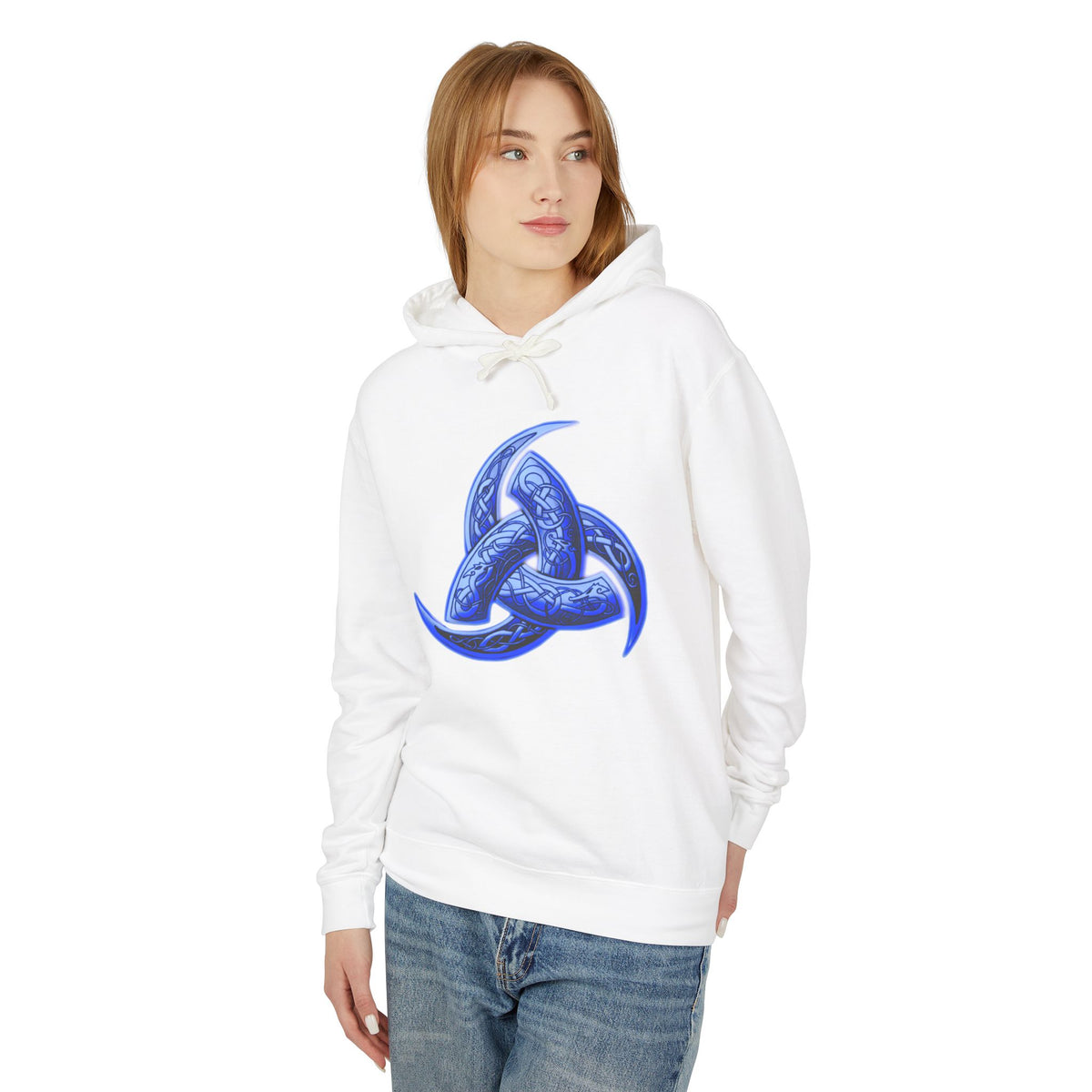 The Triple Horn of Odin is--Celtic Blue Triquetra Hoodie — Intricate Knotwork Hooded Sweatshirt