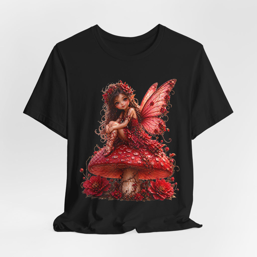 Fairy on Red Mushroom T‑Shirt — Whimsical Red Fairy Graphic Tee