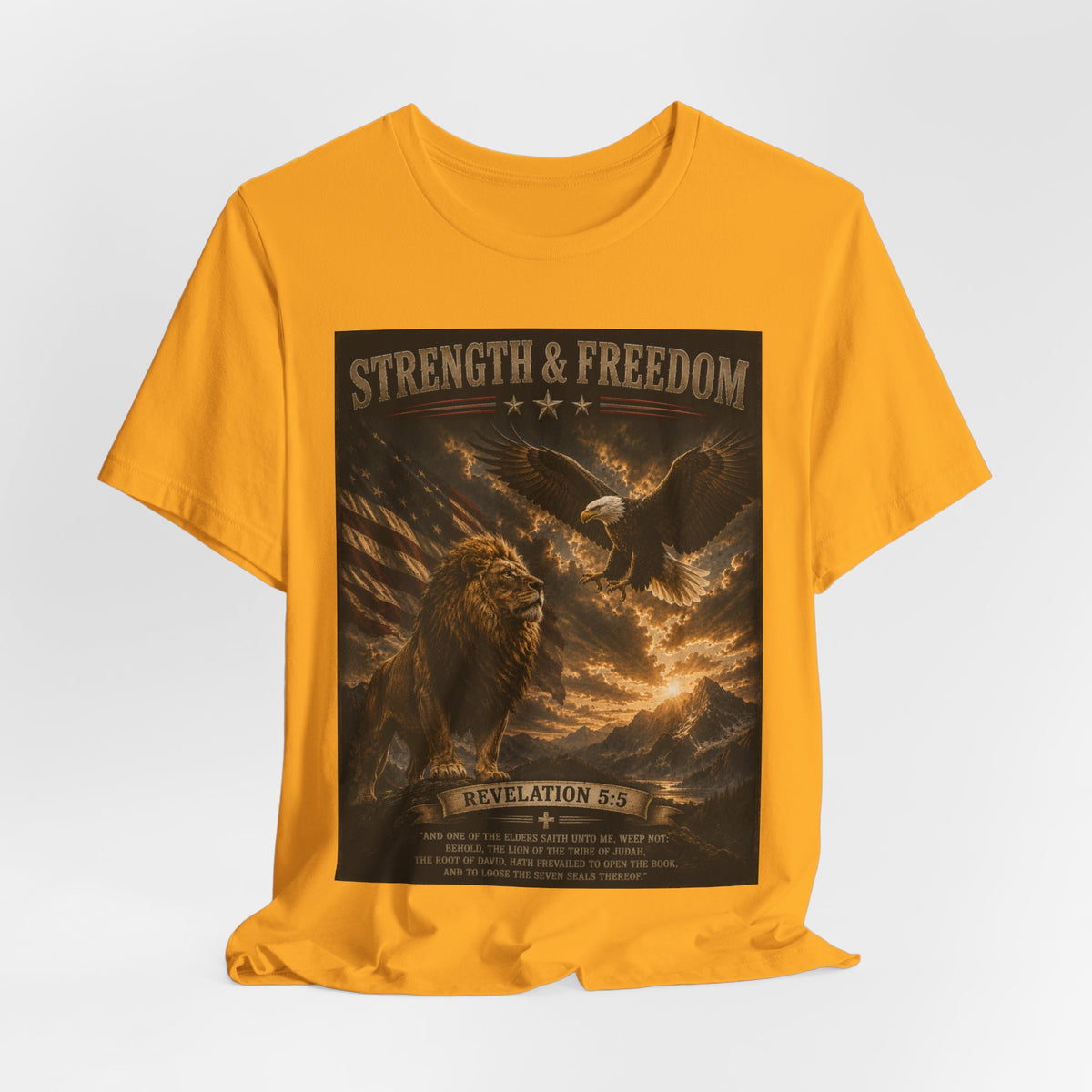 Strength & Freedom Christian Lion Tee – Revelation 5:5 Inspirational Graphic T-Shirt