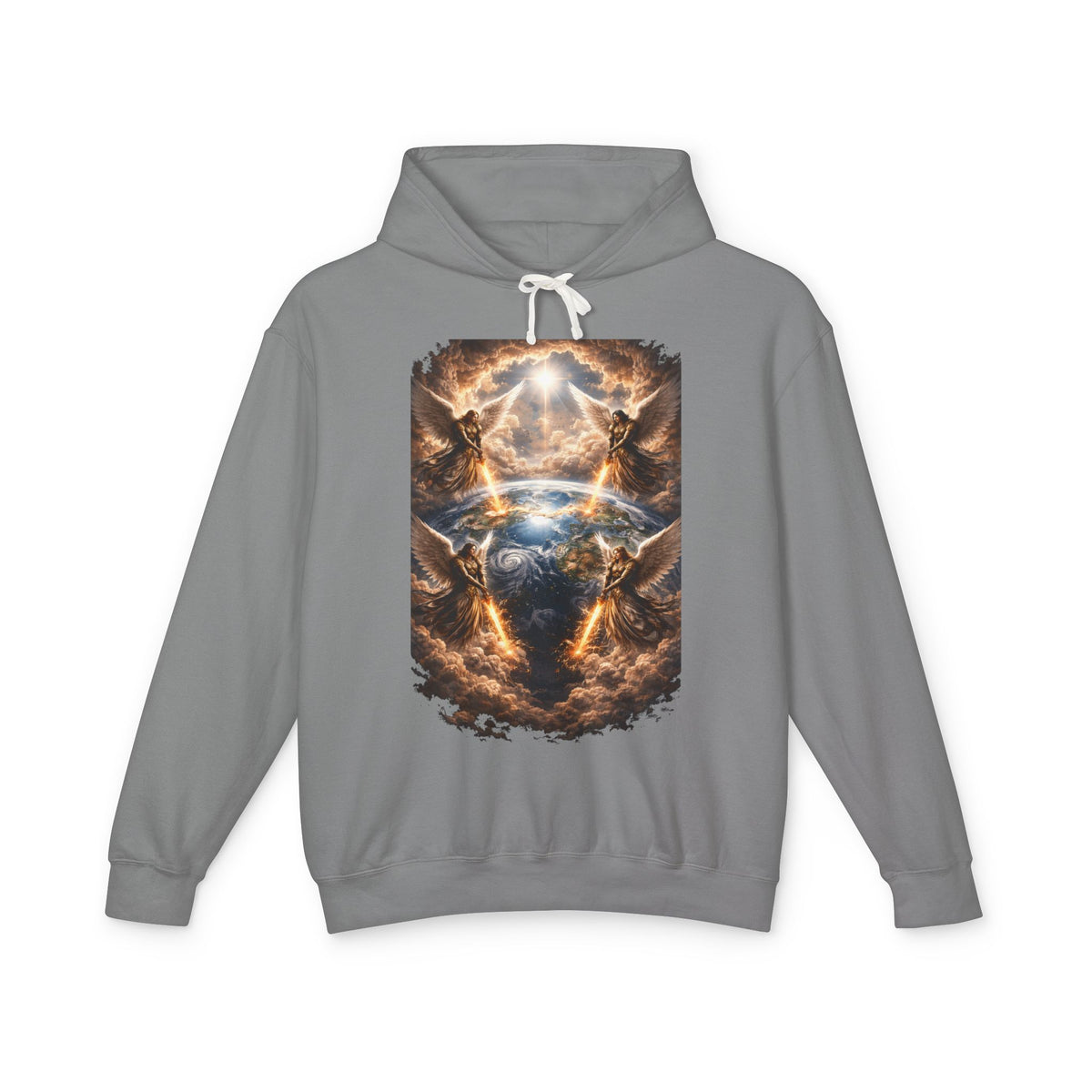 Revelation 7:1 Four angels standing on the four corners of the earth as seen from heaven Apocalyptic Earth Graphic Hoodie — Cosmic Storms, Lightning & Angelic Light