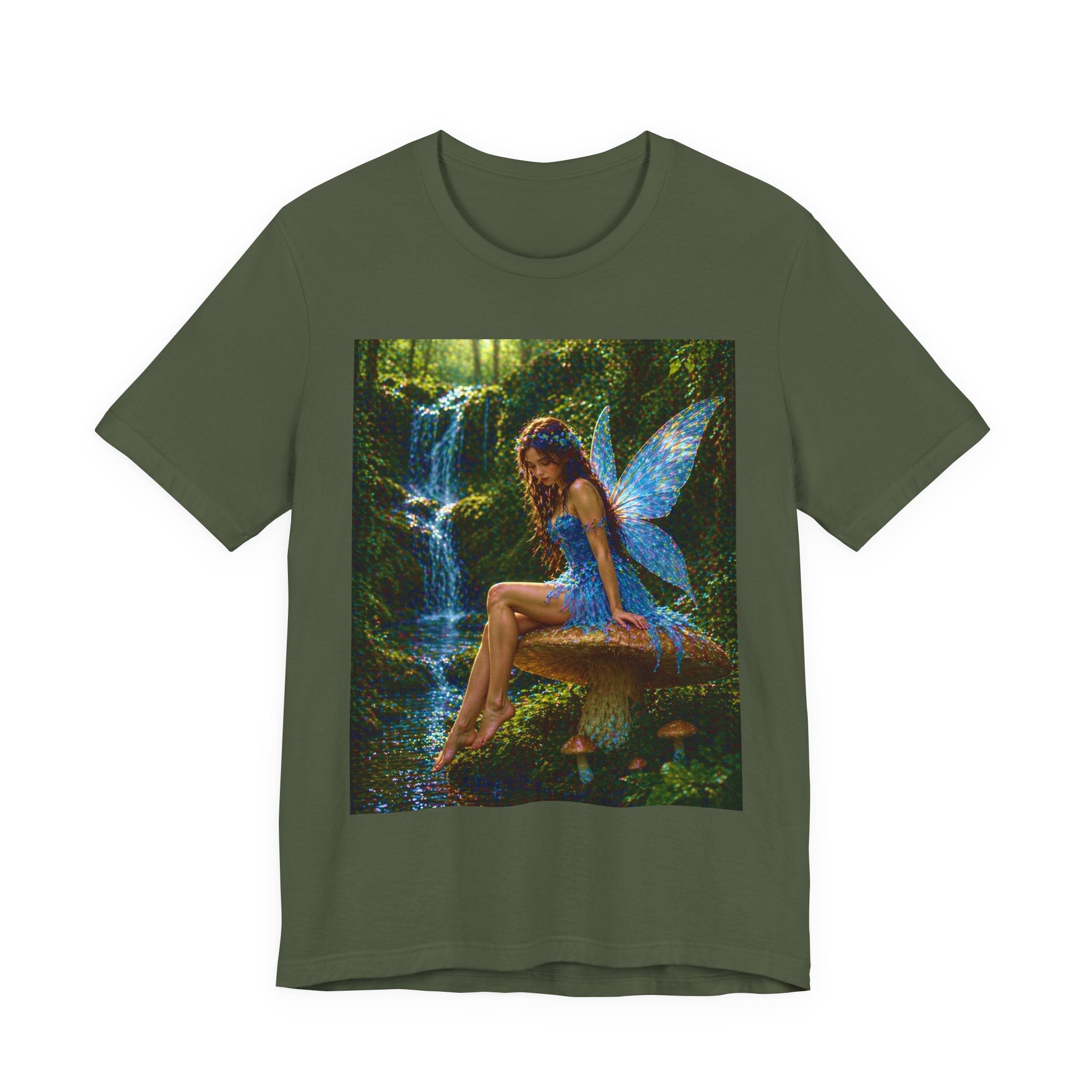 Fairy Forest T-Shirt — Enchanted Blue Fairy Sitting by Waterfall