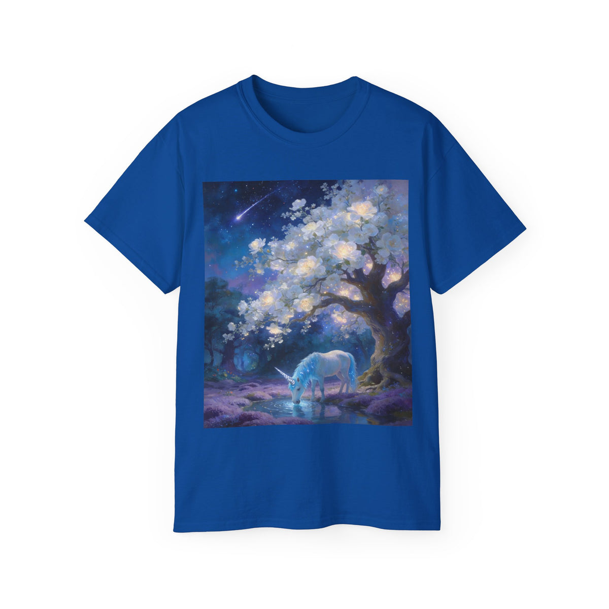 Unicorn Mystic Night Sheep Cotton Tee — Dreamy Moonlit Tree Art T-Shirt