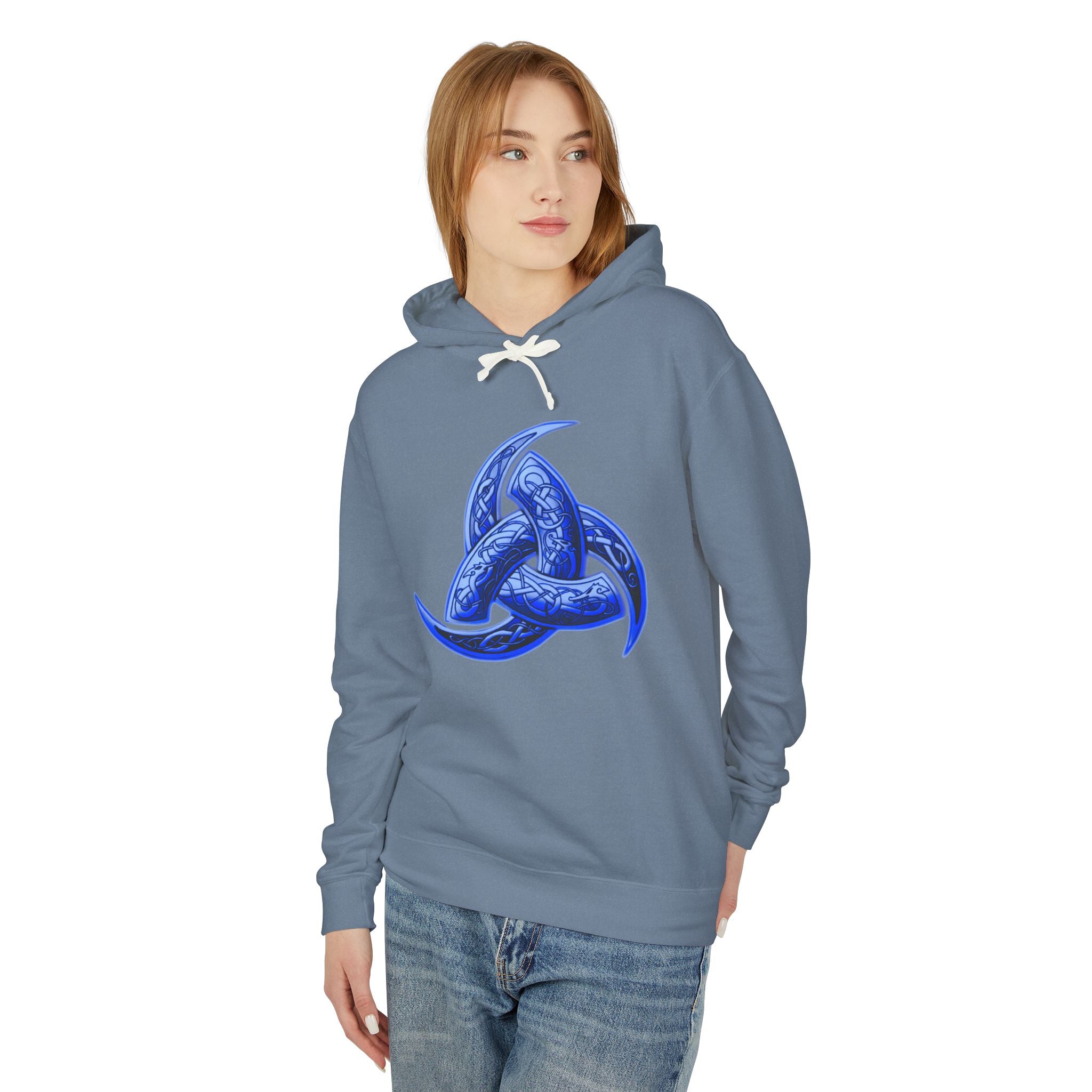 The Triple Horn of Odin is--Celtic Blue Triquetra Hoodie — Intricate Knotwork Hooded Sweatshirt