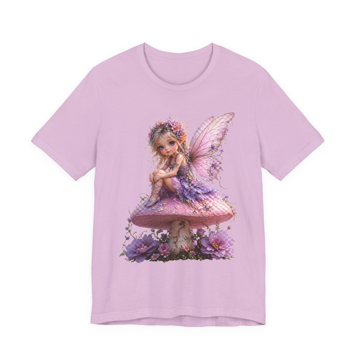 Fairy on Mushroom T-Shirt — Cute Pink Butterfly Fairy Graphic Tee for Kids & Adults