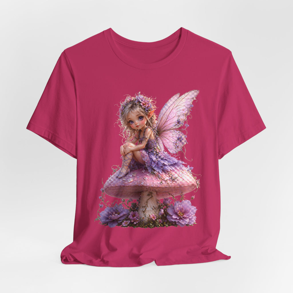 Fairy on Mushroom T-Shirt — Cute Pink Butterfly Fairy Graphic Tee for Kids & Adults