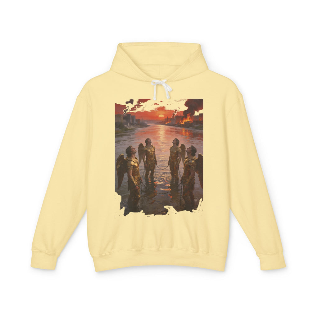 Revelation 9 reveals four fallen angels bound in the Euphrates River  Crew Hooded Sweatshirt