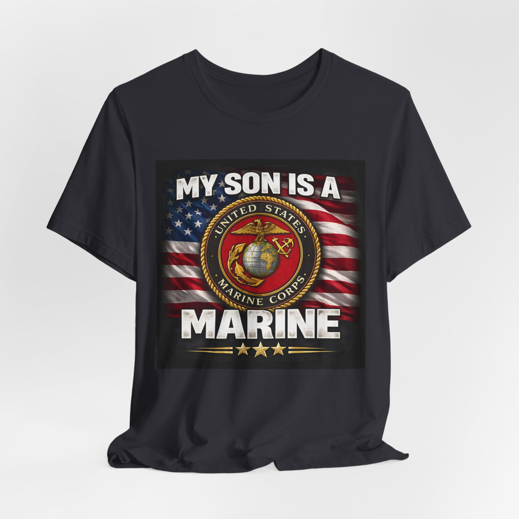 Marine Pride T-Shirt — "My Son Is A Marine" American Flag Emblem