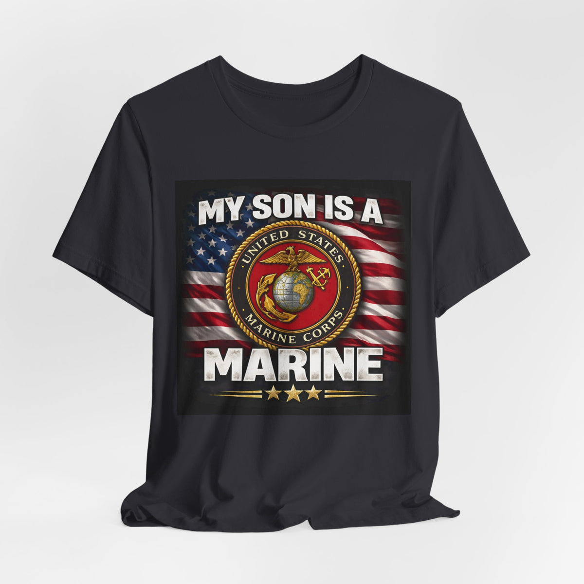 Marine Pride T-Shirt — "My Son Is A Marine" American Flag Emblem