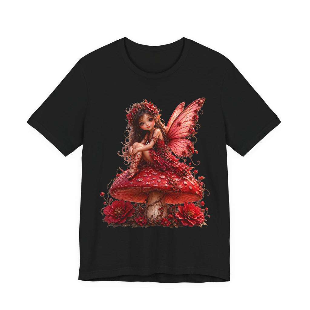 Fairy on Red Mushroom T‑Shirt — Whimsical Red Fairy Graphic Tee