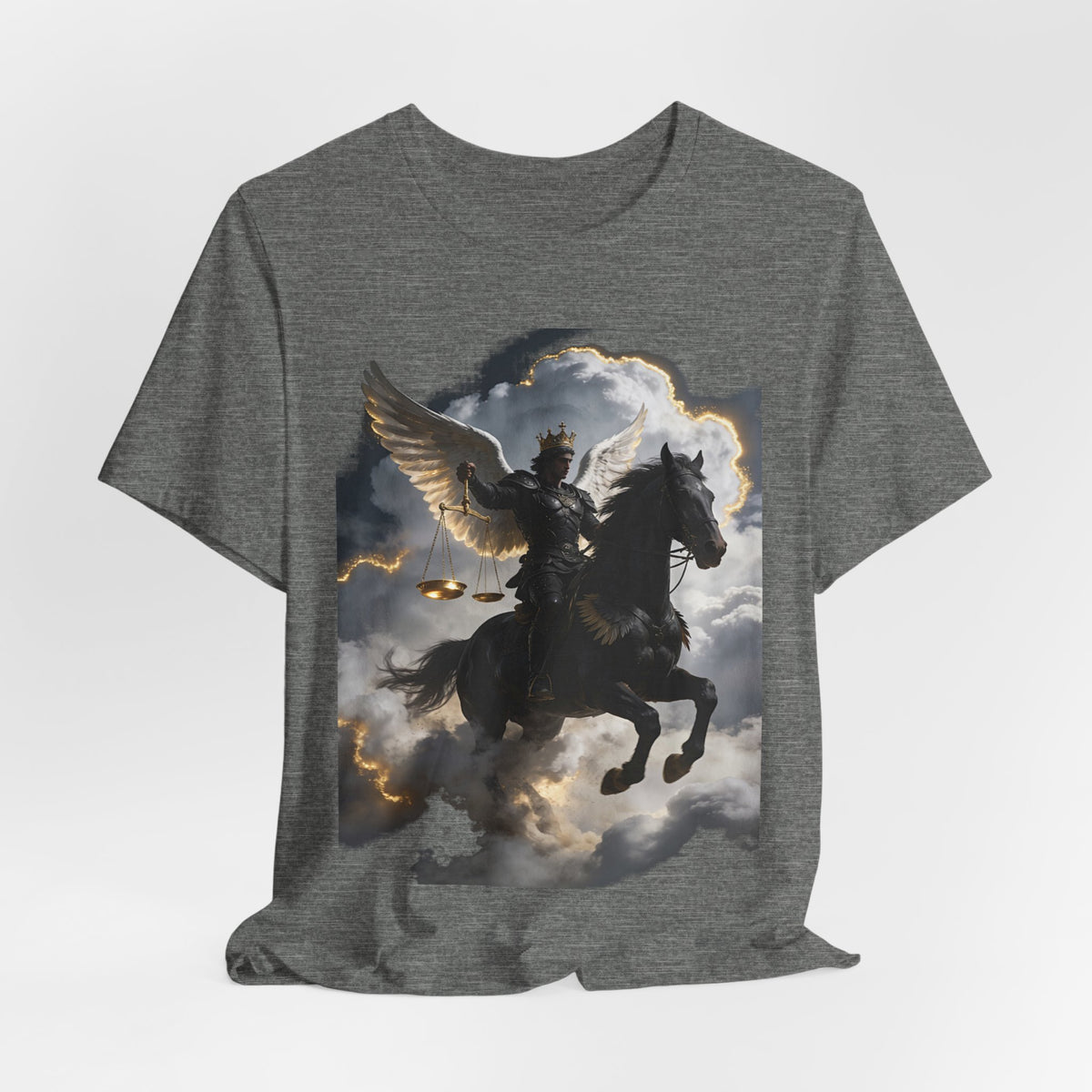 Revelation 6:5-6! And on the horse was a rider with wings as an angle dress as an warrior in black holding a golden a pair of scalesT‑Shirt — Winged Knight Graphic Tee