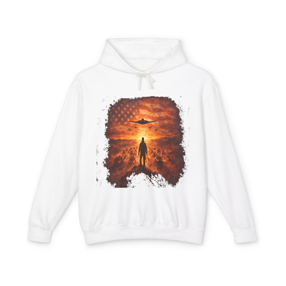 B2 Sprite---Sunset Flag Hoodie — Alien Silhouette American Flag Graphic