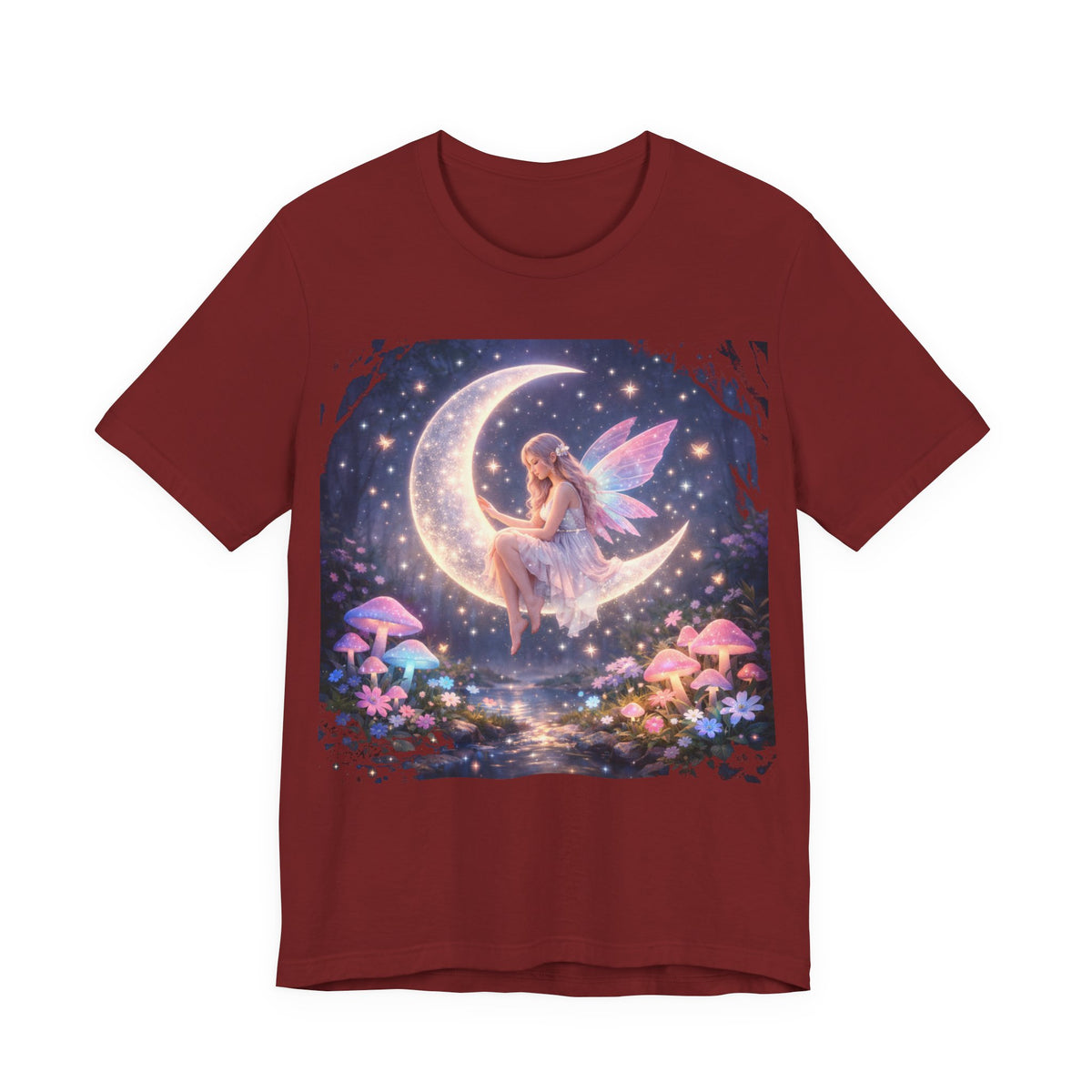 Fairy on the Moon T‑Shirt — Dreamy Fantasy Night Tee with Fairy and Mushrooms