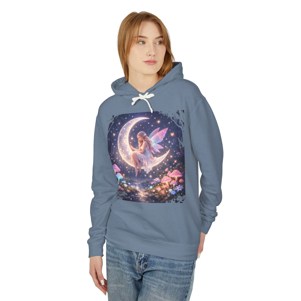 Fairy on the Moon Hoodie — Magical Mushroom Night Sky Pullover