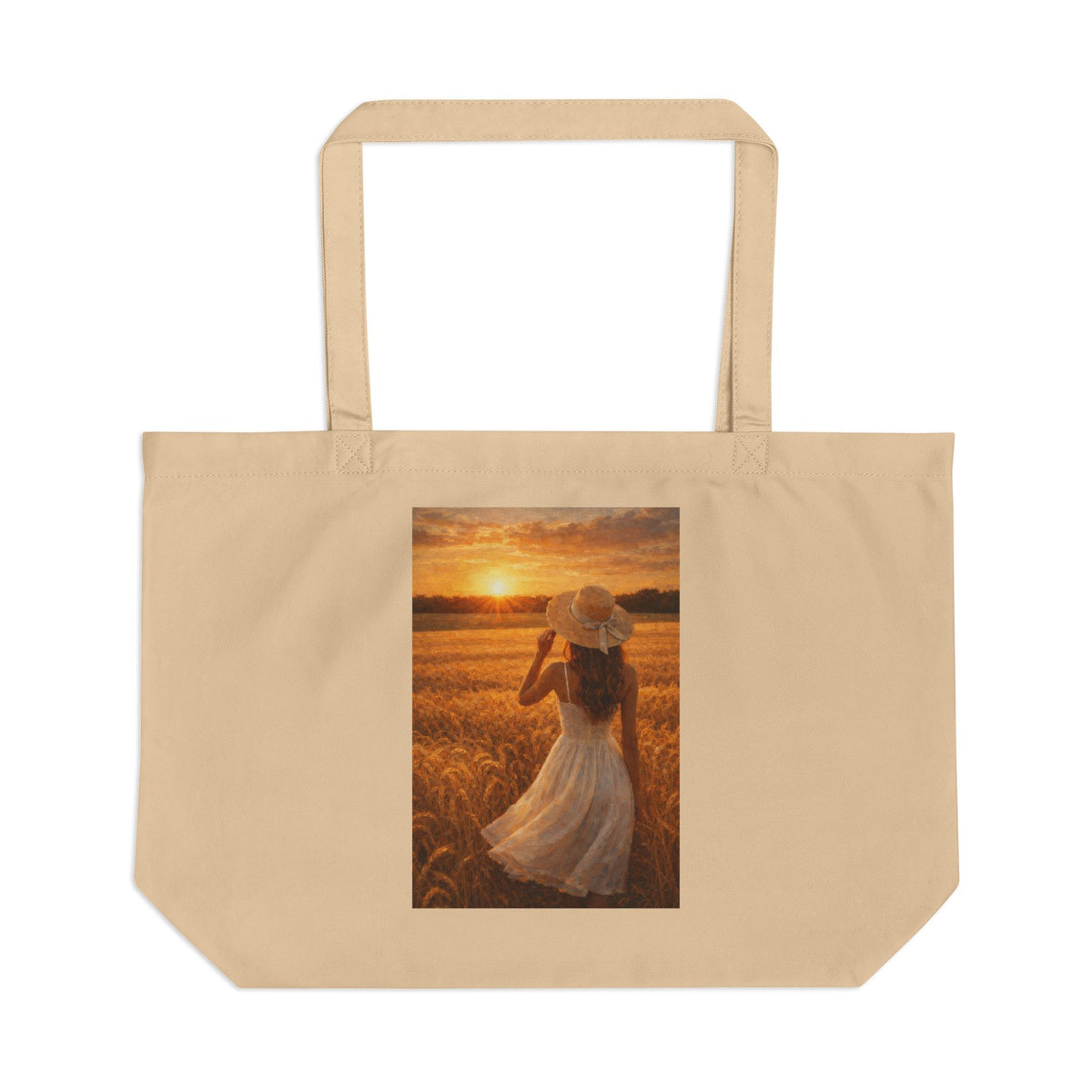 Large Eco Tote — Sunset Field Woman Print Canvas Beach & Market Bag