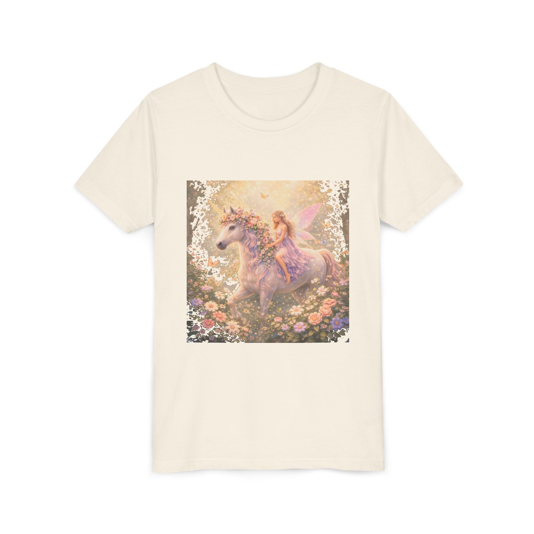 Youth Tee — Magical Fairy Riding Unicorn in Floral Garden Kids Shirt