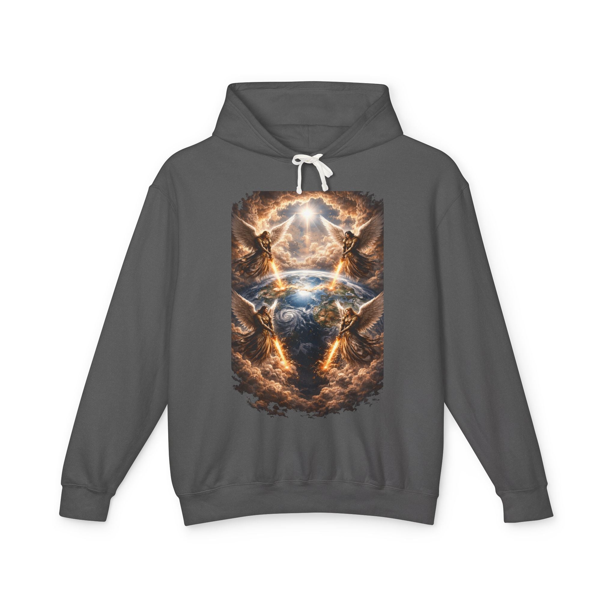 Revelation 7:1 Four angels standing on the four corners of the earth as seen from heaven Apocalyptic Earth Graphic Hoodie — Cosmic Storms, Lightning & Angelic Light