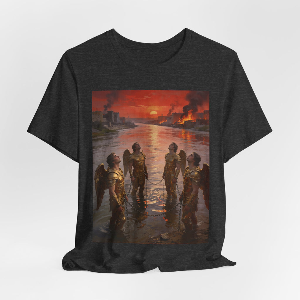 Revelation 9 reveals four fallen angels bound in the Euphrates River, awaiting God’s appointed time to bring judgment. T-Shirt
