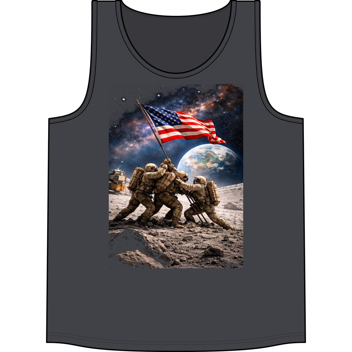 American Flag Soldier Tank Top — Patriotic Moon Landing Military Tee