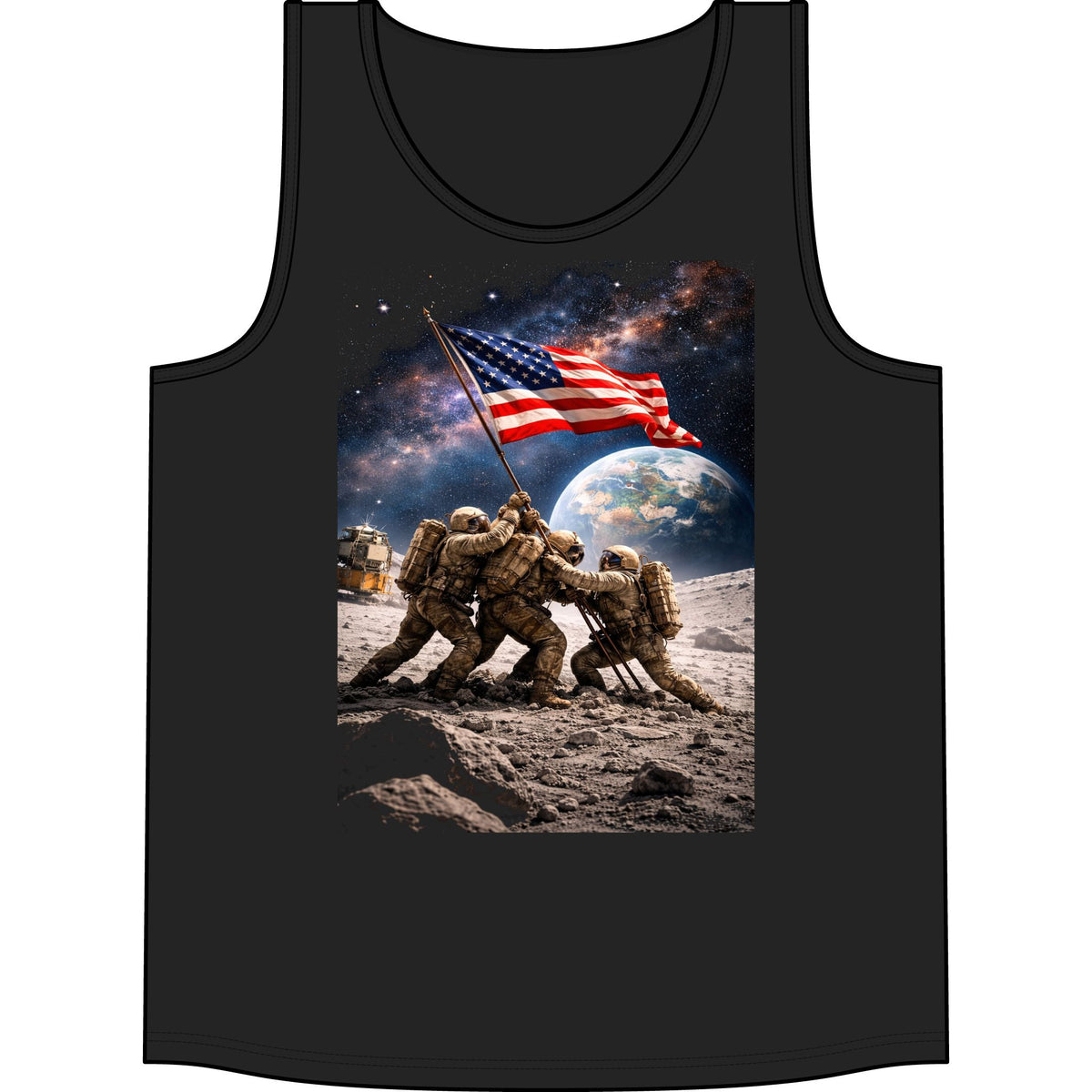 American Flag Soldier Tank Top — Patriotic Moon Landing Military Tee