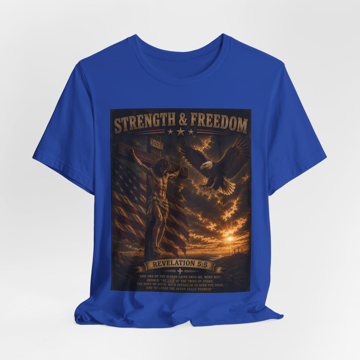 Strength & Freedom Christian T‑Shirt – Revelation 12:11 Eagle & Cross Faith Tee