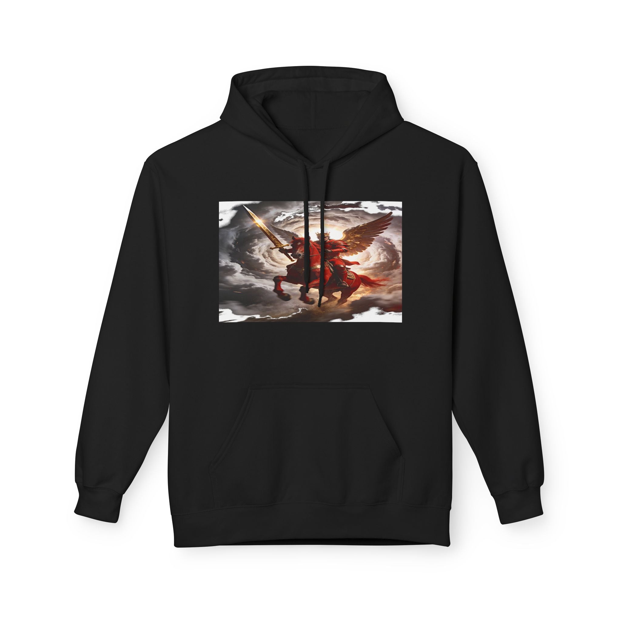 The red horse from Revelation 6:3-4 Angel Warrior Hoodie — Dramatic Archangel Battle Graphic Pullover