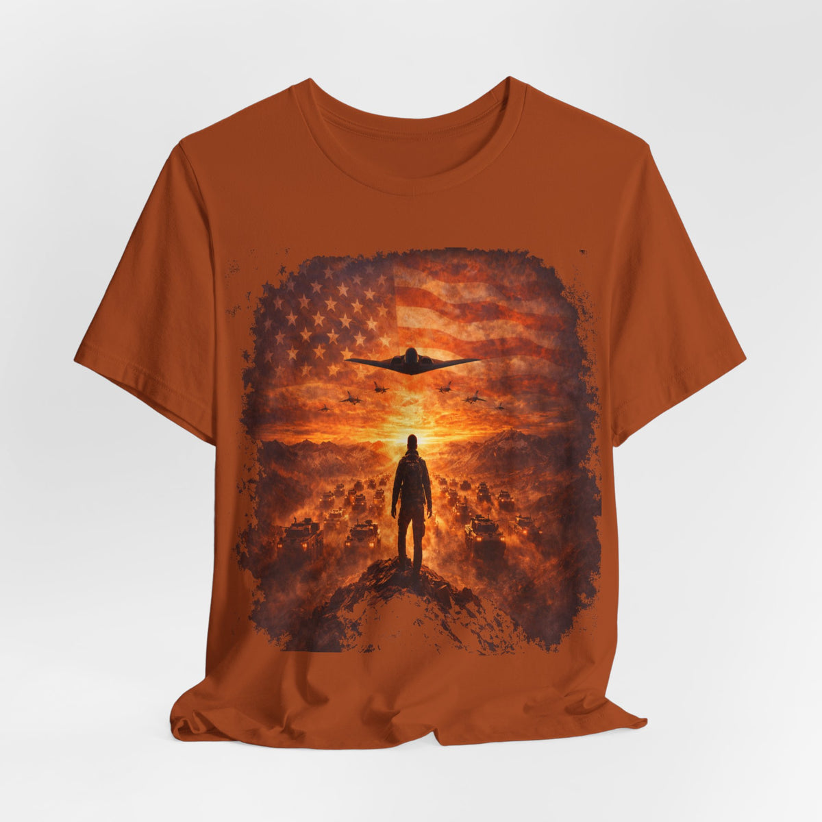 USA-Military Aviation T-Shirt — Bomber Silhouette with American Flag Sunset