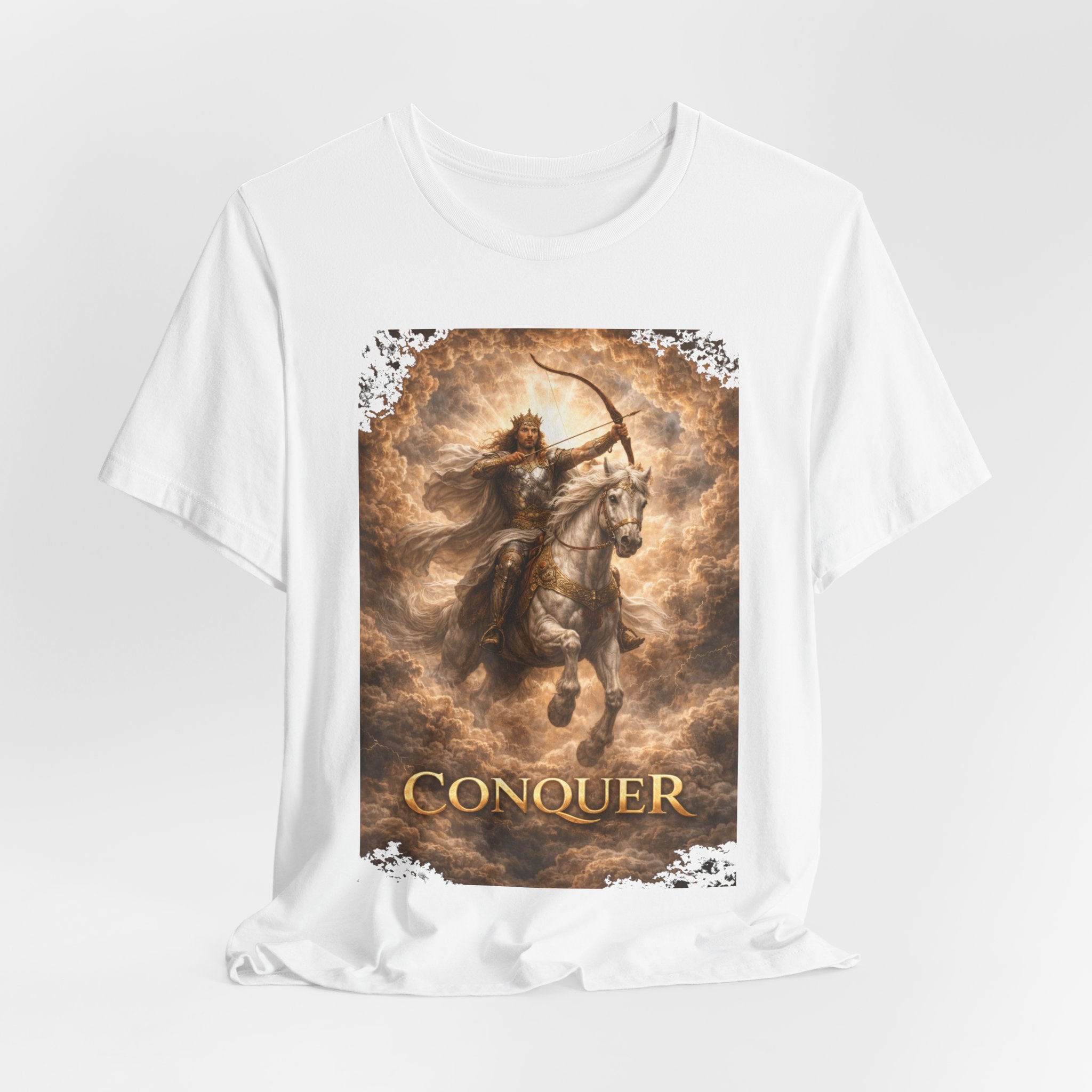 The white horse from Revelation 6:1-2! T‑Shirt — "Conquer" Warrior Archer Graphic Tee