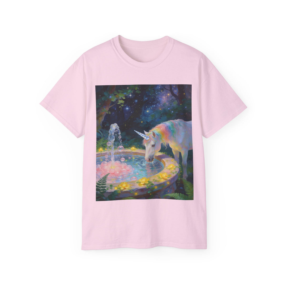 Unicorn Night Garden Tee — Rainbow Unicorn at Moonlit Fountain T-Shirt