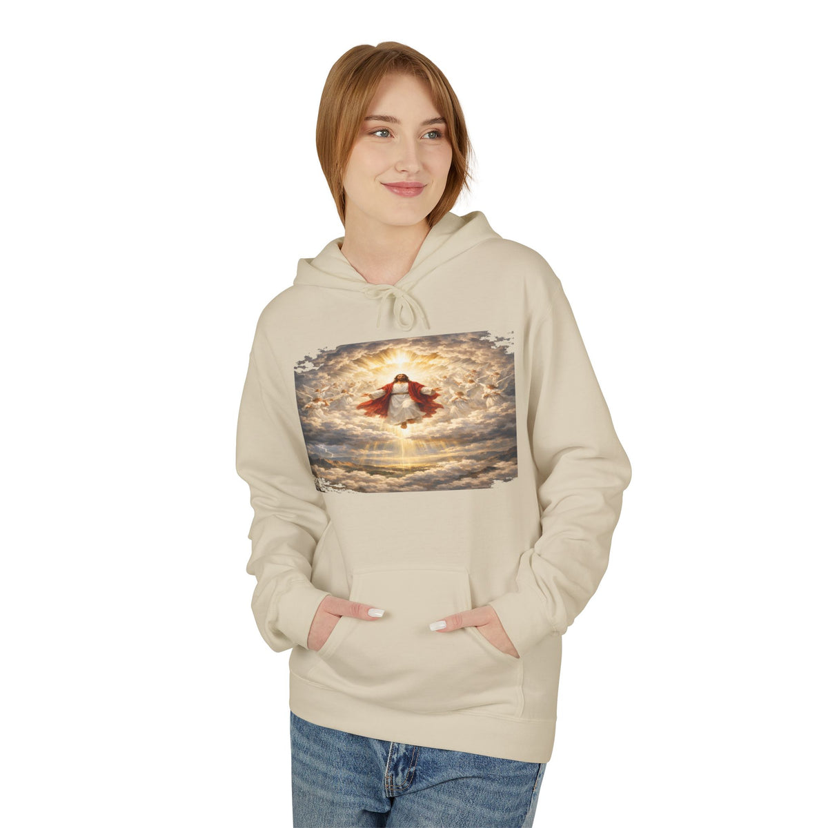Jesus Christ Second Coming-Angel in the Clouds Hoodie — Spiritual Sunrise Graphic Hoodie