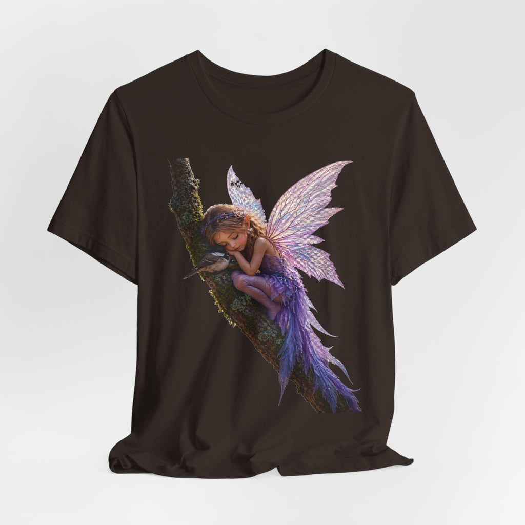 Fairy Sleeping on Branch T-Shirt — Magical Purple Fairy Tee for Women & Girls
