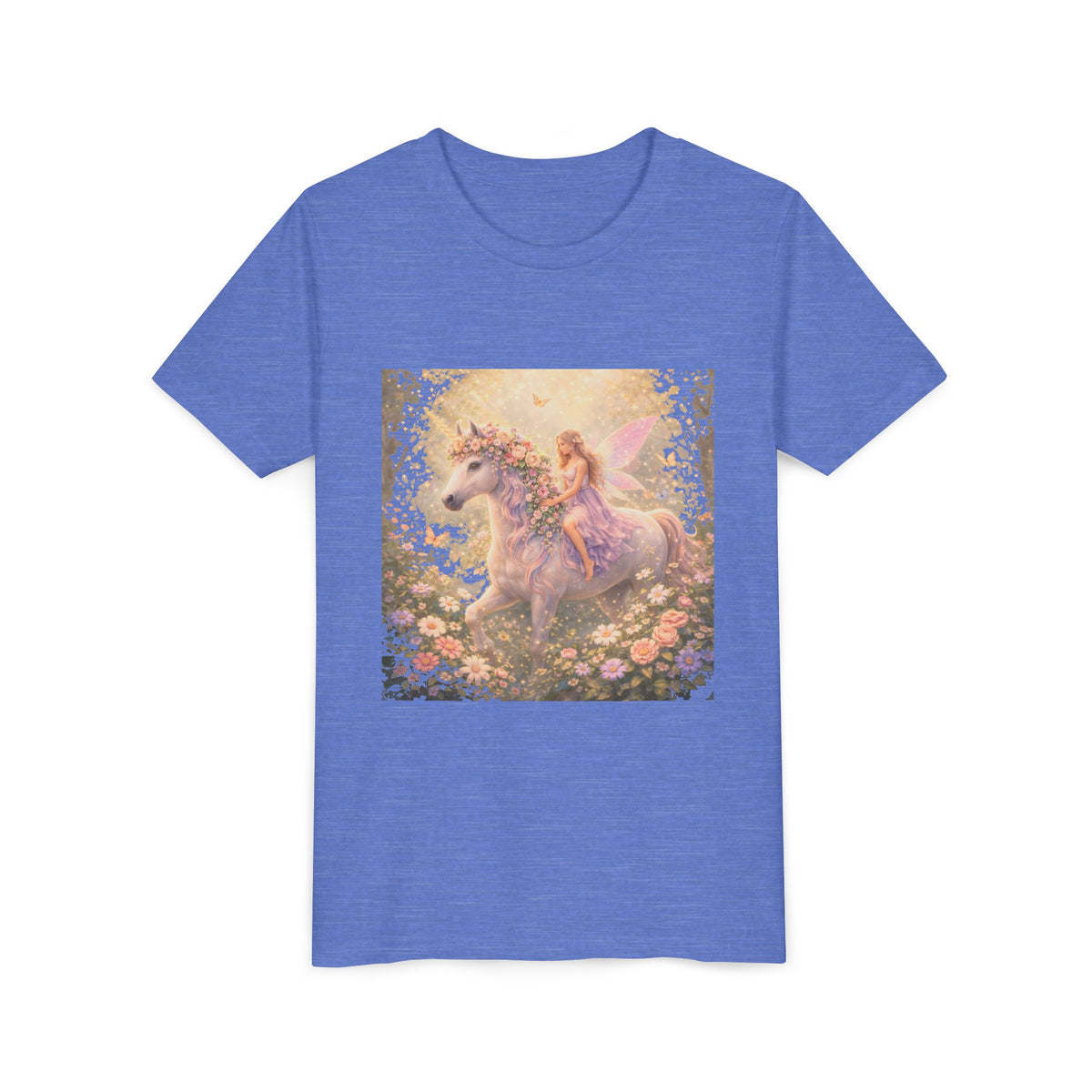 Youth Tee — Magical Fairy Riding Unicorn in Floral Garden Kids Shirt
