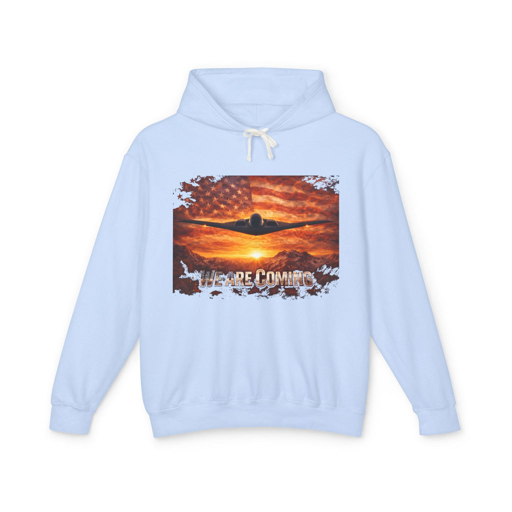 USA B2 Spirt--Airplane Sunset Hoodie — "Wherever I Roam" Vintage Flag Pilot Sweatshirt