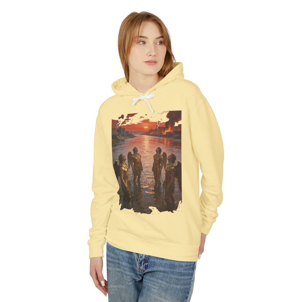 Revelation 9 reveals four fallen angels bound in the Euphrates River  Crew Hooded Sweatshirt