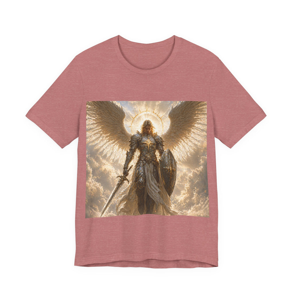 Archangel Warrior Graphic Tee — Golden Angel with Sword & Shield