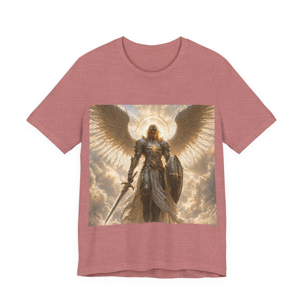 Archangel Warrior Graphic Tee — Golden Angel with Sword & Shield