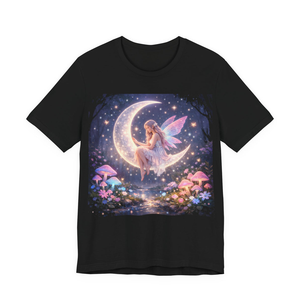 Fairy on the Moon T‑Shirt — Dreamy Fantasy Night Tee with Fairy and Mushrooms