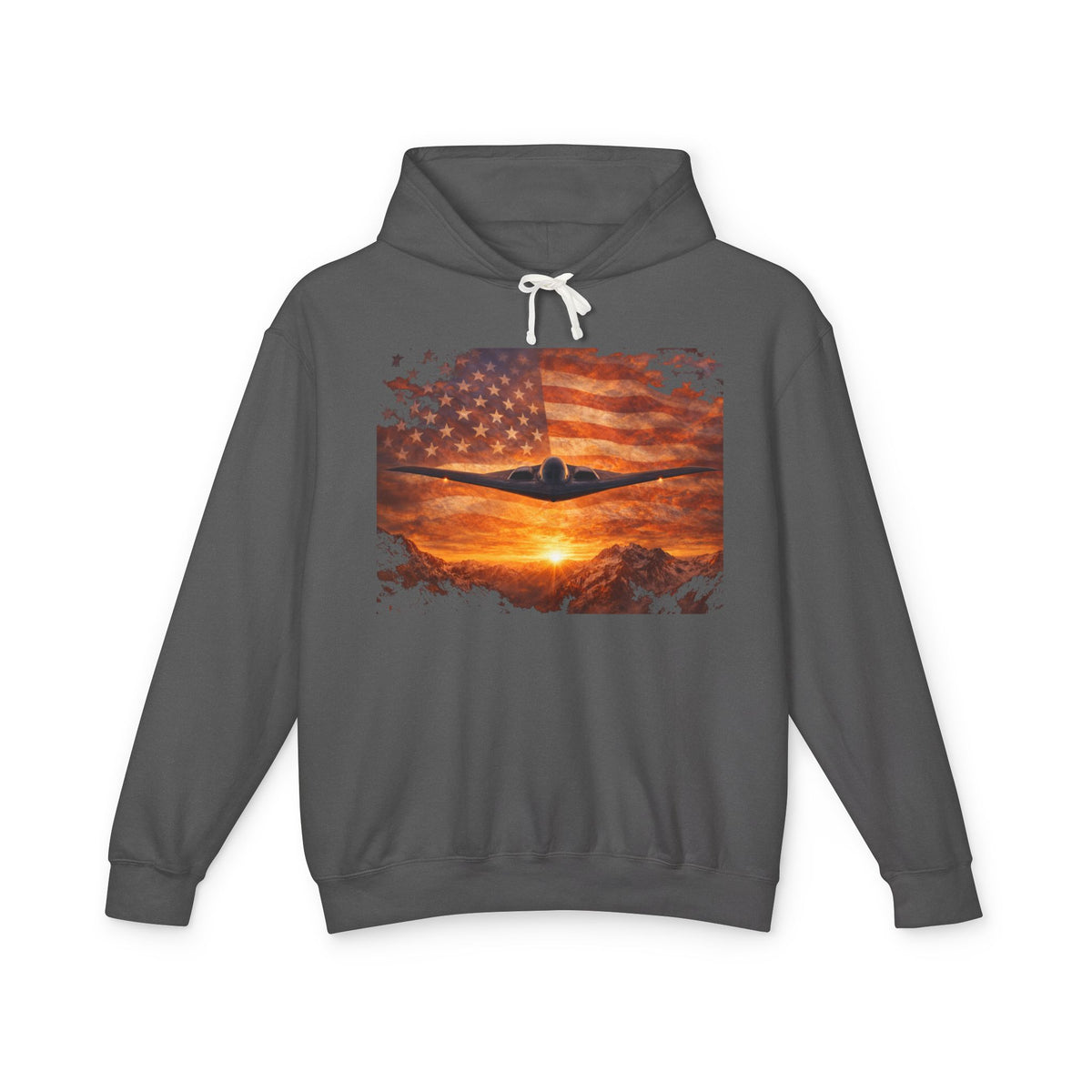 B-2 Stealth Bomber Flag Hoodie — American Aviation Sunset Pullover