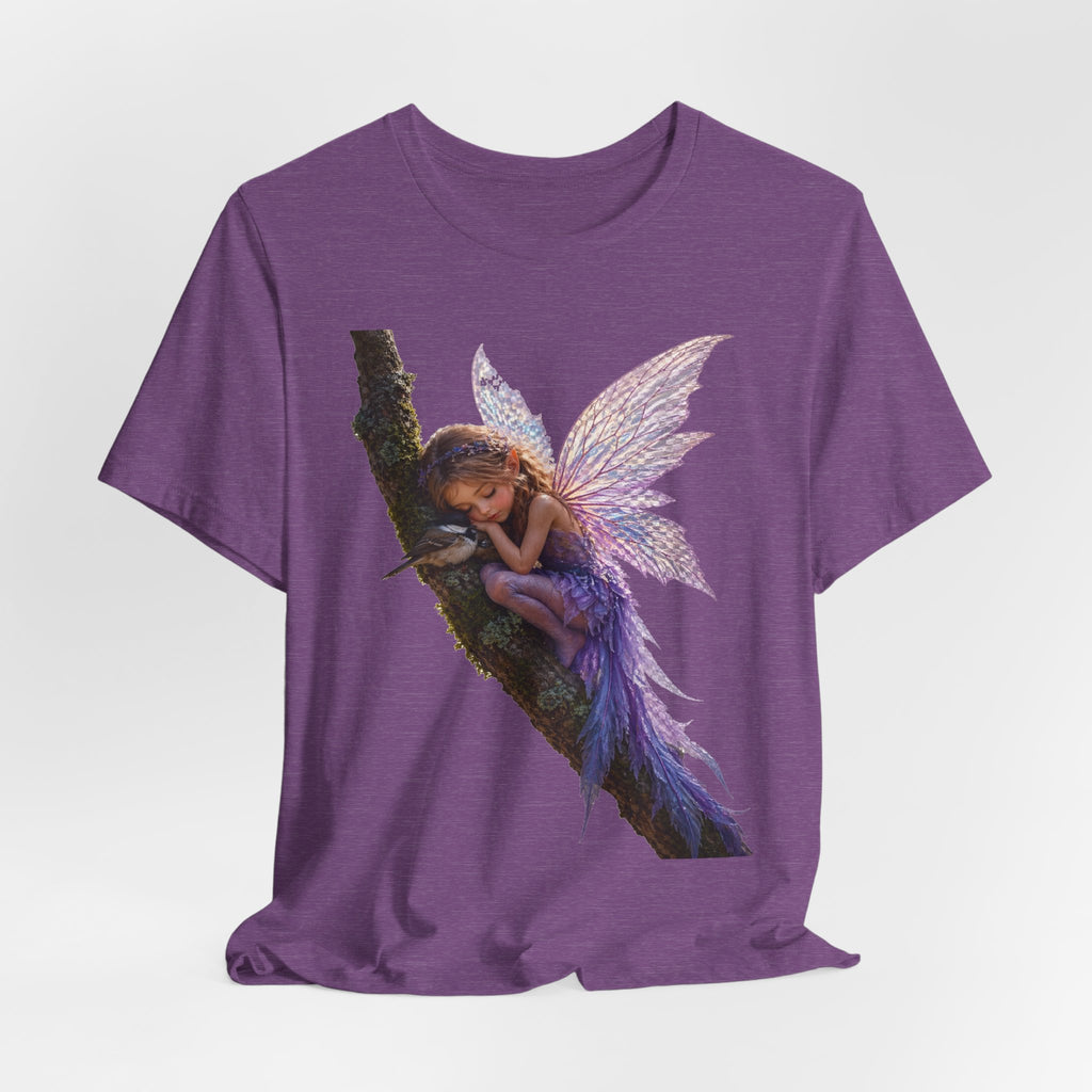 Fairy Sleeping on Branch T-Shirt — Magical Purple Fairy Tee for Women & Girls