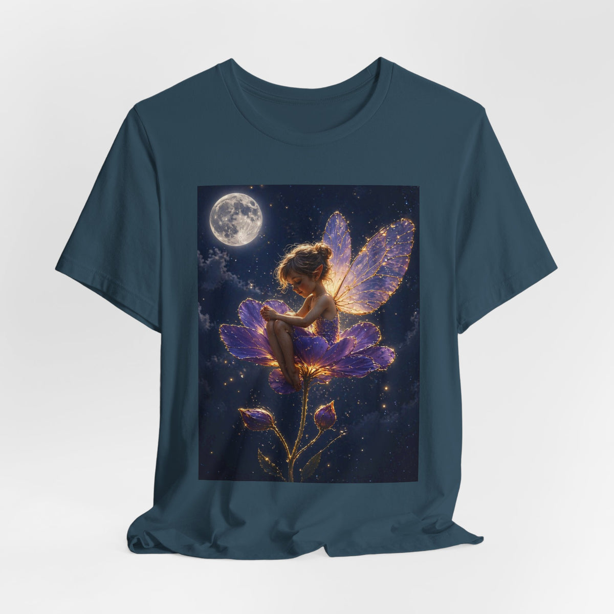 Fairy Night T-Shirt — Moonlit Fairy on Purple Flower