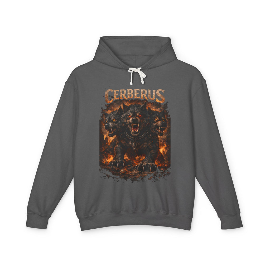 Cerberus Flames Hoodie — Mythical Three-Headed Dog Graphic Sweatshirt