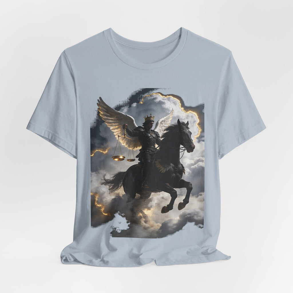Revelation 6:5-6! And on the horse was a rider with wings as an angle dress as an warrior in black holding a golden a pair of scalesT‑Shirt — Winged Knight Graphic Tee