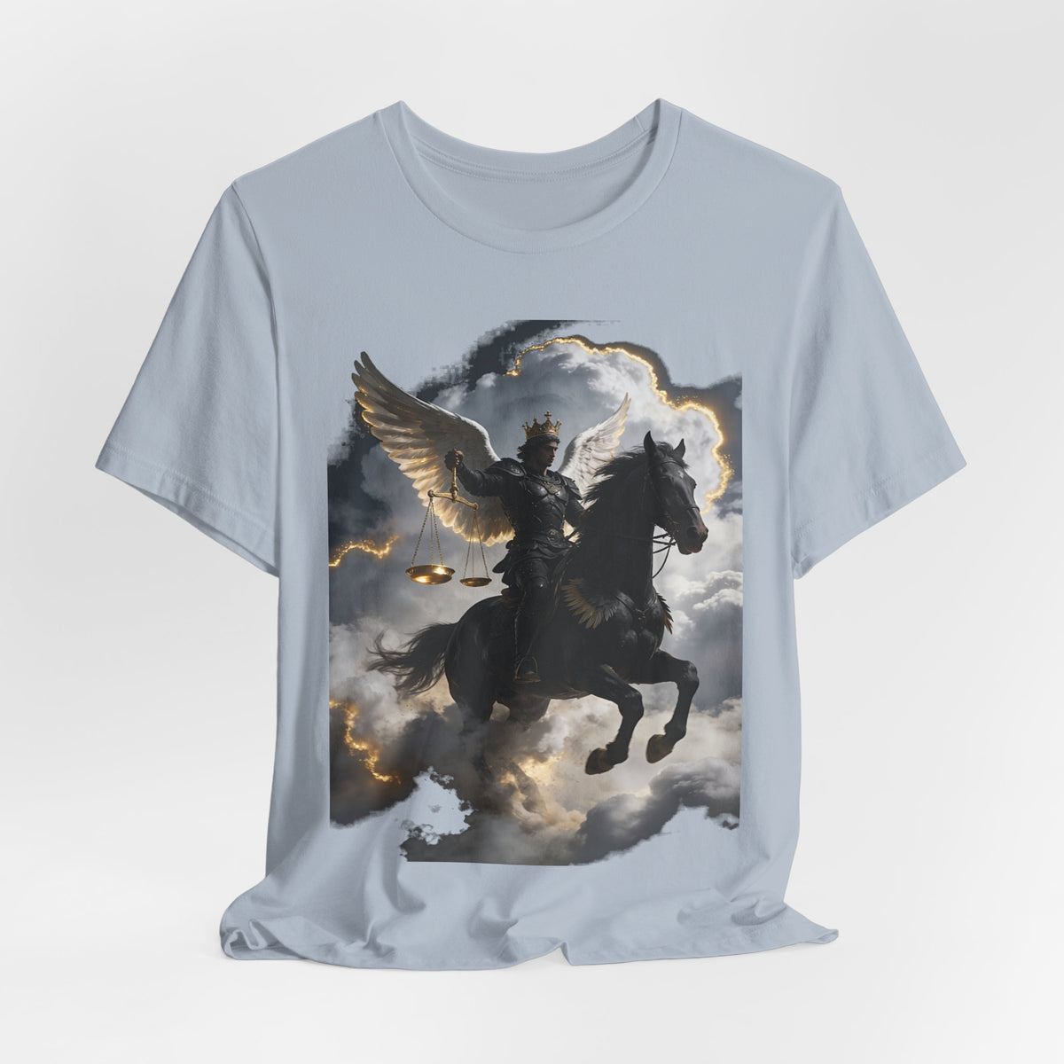Revelation 6:5-6! And on the horse was a rider with wings as an angle dress as an warrior in black holding a golden a pair of scalesT‑Shirt — Winged Knight Graphic Tee